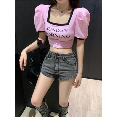 Jiashucheng Áo Thun Tay Ngắn Phồng Cổ Vuông In Chữ Thời Trang Mùa Hè 2023 Phong Cách Pháp Cho Nữ