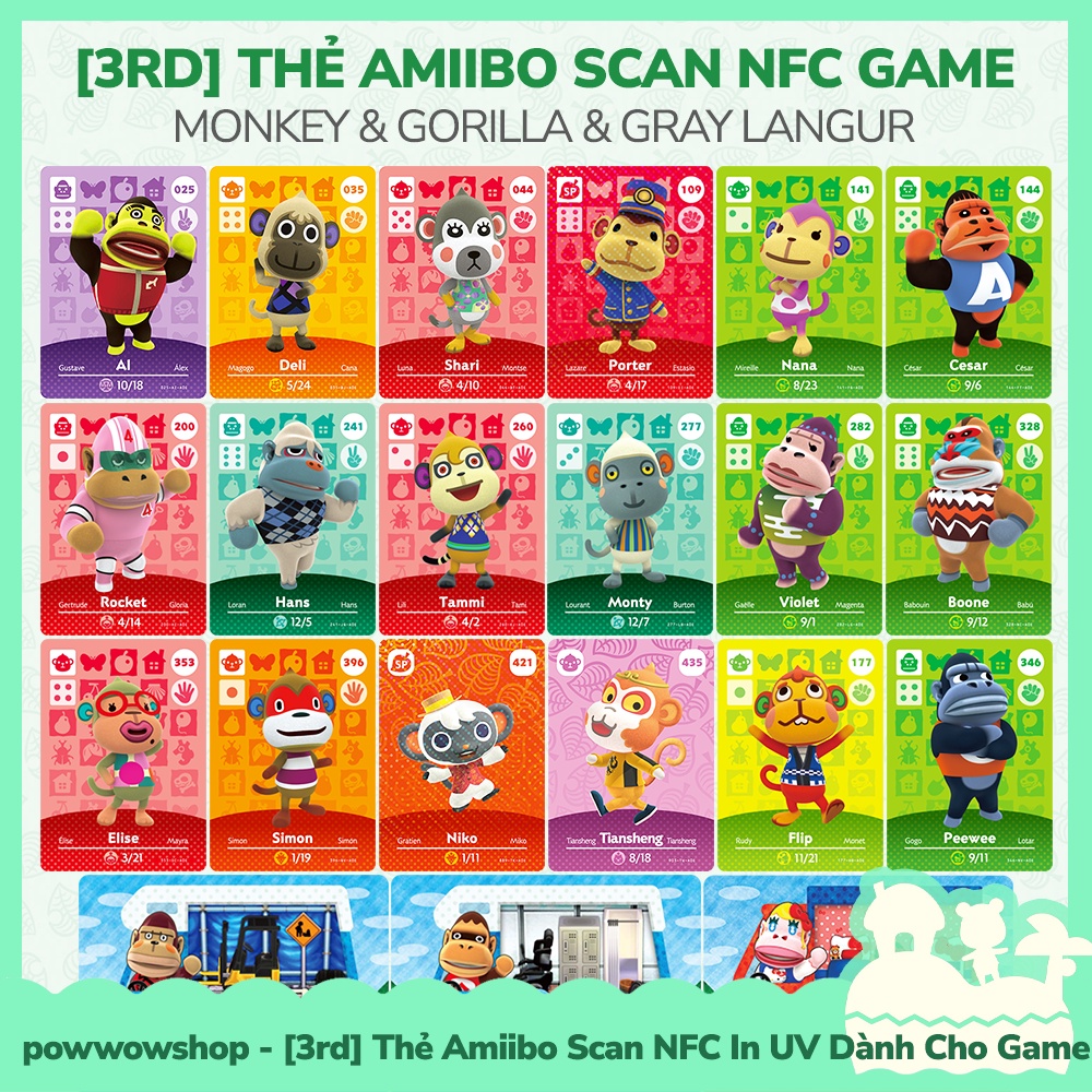 [Sẵn VN - Hỏa Tốc] 3rd Thẻ Amiibo Scan NFC Monkey &amp; Gorilla &amp; Gray Langur Game Animal Crossing Nintendo Switch