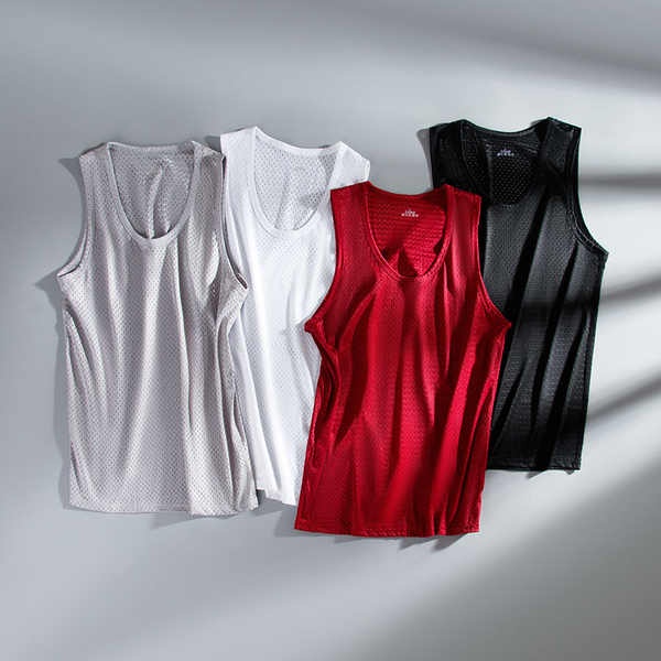 Áo Thun Thể Thao Sát Nách Dáng Ôm Vải Lụa Lạnh Nhanh Khô Phối Lưới Thời Trang Cho Nam