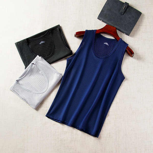 Áo Thun Thể Thao Sát Nách Dáng Ôm Vải Lụa Lạnh Nhanh Khô Phối Lưới Thời Trang Cho Nam