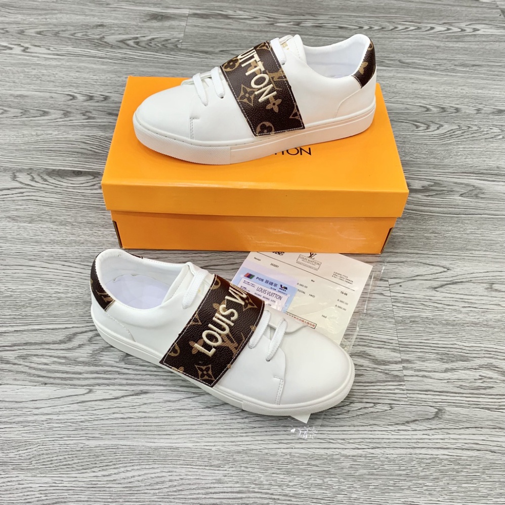 Giày Thể Thao Sneaker Nam Nữ Phối Quai Da Vân Hoa Nâu Dệt Chữ GS21P