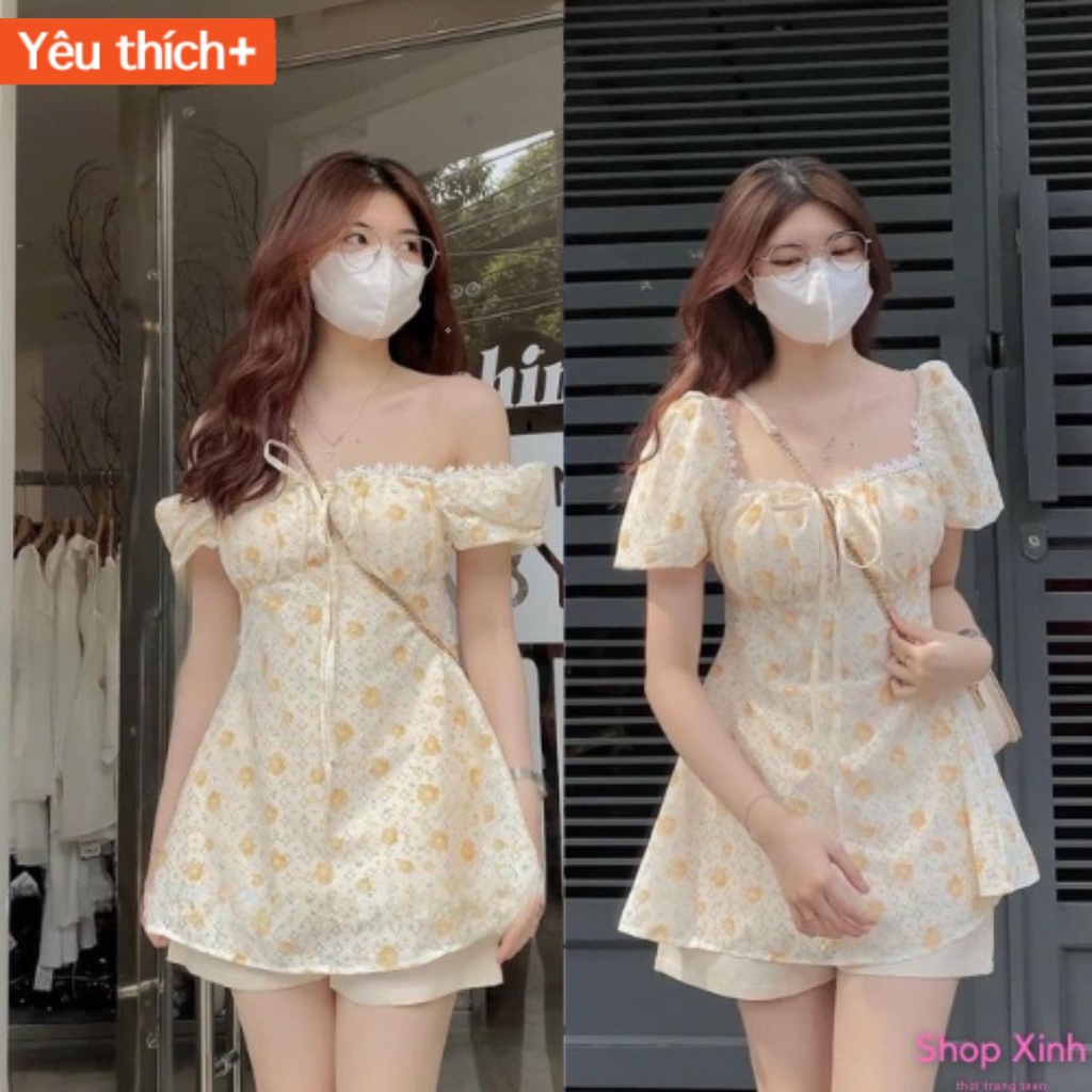 Set đồ nữ đi chơi Áo ren hoa nhí cổ vuông viền ren tay bồng mix quần sooc TAFTA