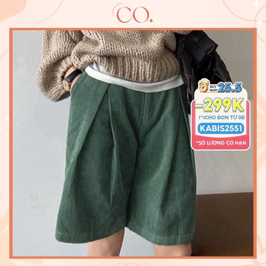 Quần short nhung cạp chun, quần short nhung cạp cao xếp ly phong cách_c27