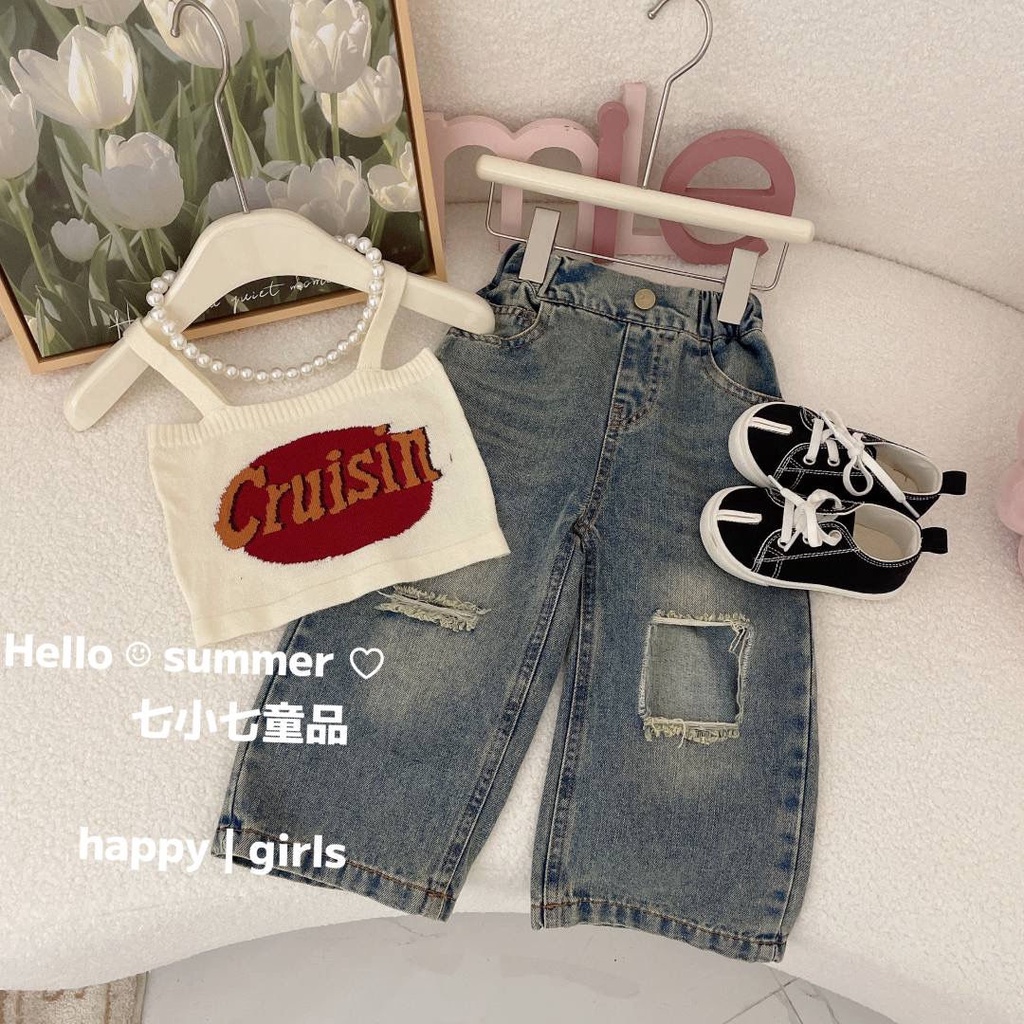 Bộ Áo Hai Dây Dệt Kim + Quần Jeans Thời Trang Mùa Hè Phong Cách Mới Cho Bé Gái