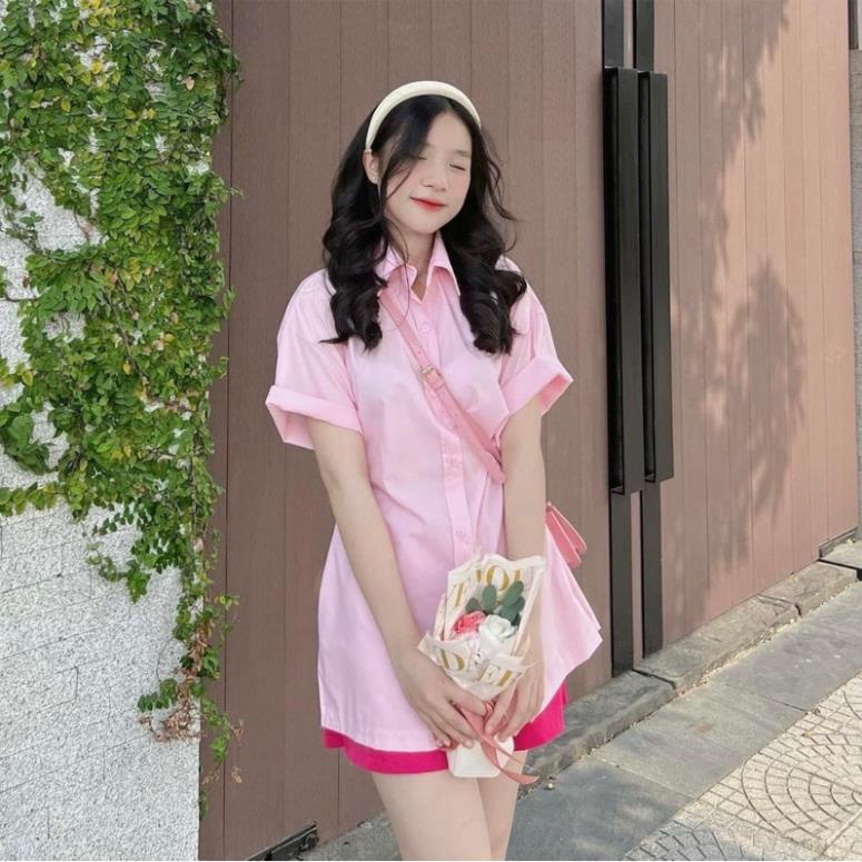 Set Sơ Mi Nữ Tay Ngắn Xẻ Tà Có Nút Cài Eo Kèm Quần Đùi Siêu Hot🍀Bộ Đồ Sơmi Nhiều Màu Mix Quần Đùi Siu Mát