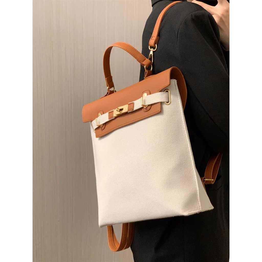 Balo cặp nữ đi học đi làm thời trang cao cấp giá rẻ vải phối da màu nâu trắng BLN0008 Wow Store