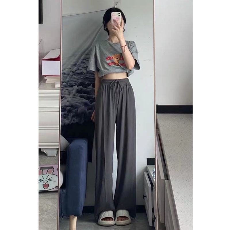 Jiashucheng Quần Ống Rộng Lưng Cao Bằng Lụa Lạnh Mỏng Phong Cách Mới Mùa Hè Dễ Phối Đồ Dành Cho Bạn Nữ