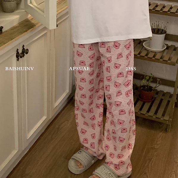 Jiashucheng Quần Ngủ Sọc Ca Rô Họa Tiết Hoạt Hình Đáng Yêu Thời Trang Mùa Hè Dành Cho Nữ