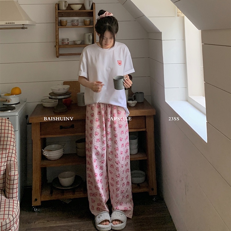 Jiashucheng Quần Ngủ Sọc Ca Rô Họa Tiết Hoạt Hình Đáng Yêu Thời Trang Mùa Hè Dành Cho Nữ