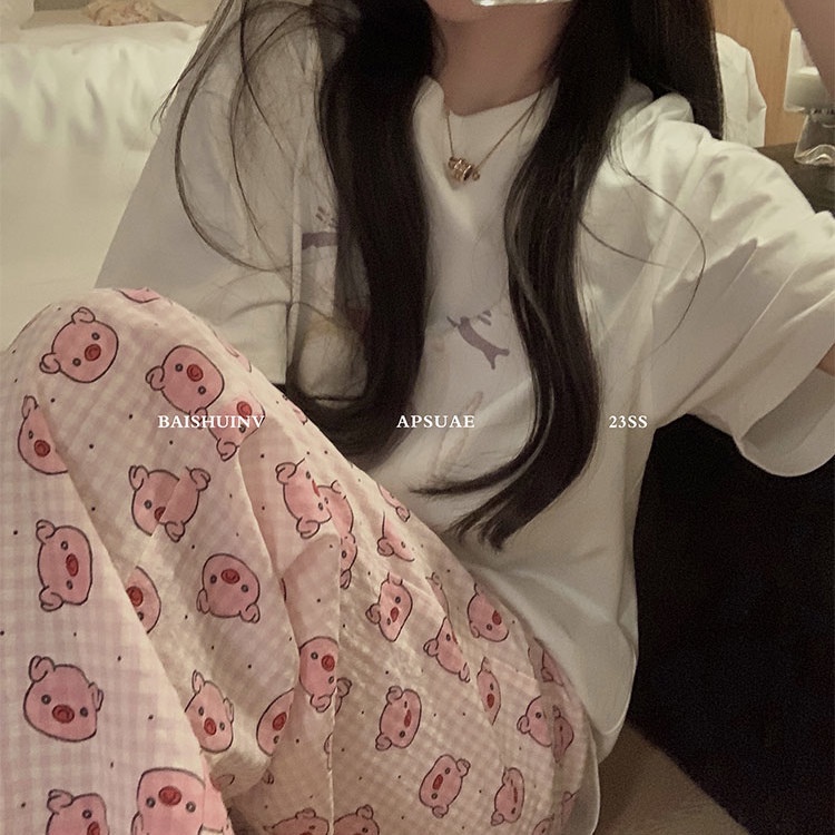 Jiashucheng Quần Ngủ Sọc Ca Rô Họa Tiết Hoạt Hình Đáng Yêu Thời Trang Mùa Hè Dành Cho Nữ