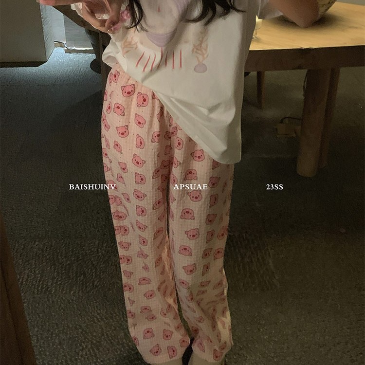 Jiashucheng Quần Ngủ Sọc Ca Rô Họa Tiết Hoạt Hình Đáng Yêu Thời Trang Mùa Hè Dành Cho Nữ