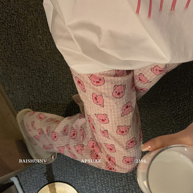 Jiashucheng Quần Ngủ Sọc Ca Rô Họa Tiết Hoạt Hình Đáng Yêu Thời Trang Mùa Hè Dành Cho Nữ