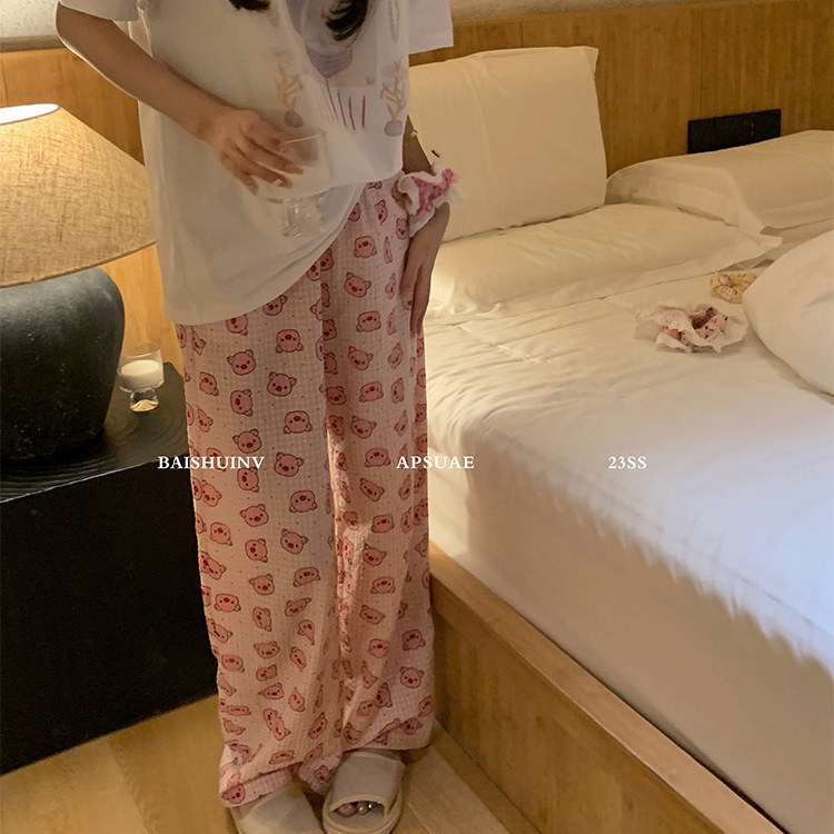 Jiashucheng Quần Ngủ Sọc Ca Rô Họa Tiết Hoạt Hình Đáng Yêu Thời Trang Mùa Hè Dành Cho Nữ