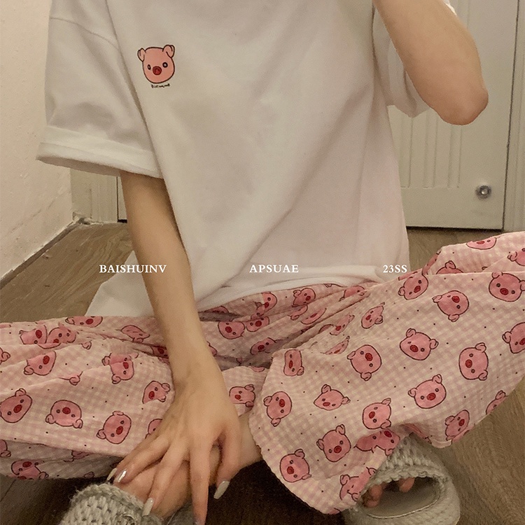 Jiashucheng Quần Ngủ Sọc Ca Rô Họa Tiết Hoạt Hình Đáng Yêu Thời Trang Mùa Hè Dành Cho Nữ