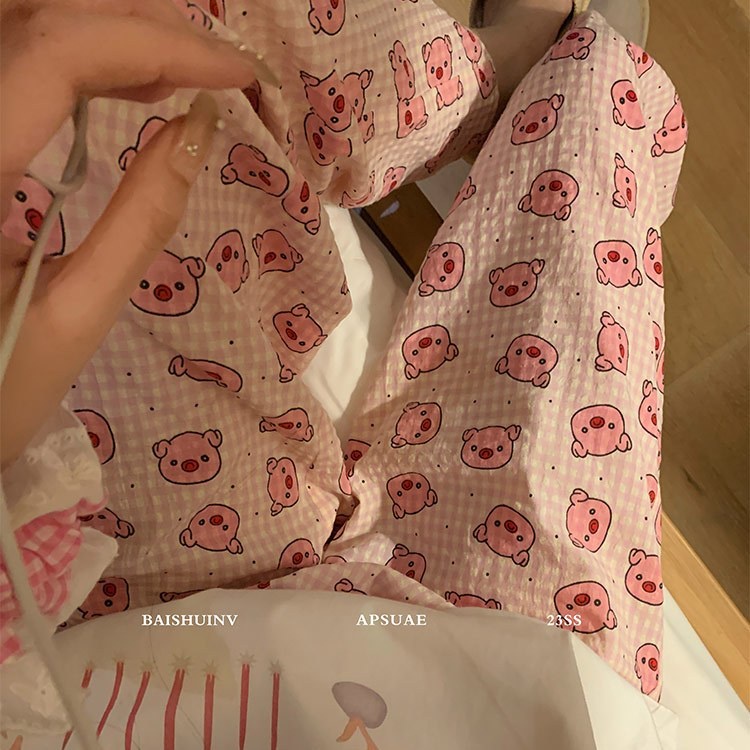 Jiashucheng Quần Ngủ Sọc Ca Rô Họa Tiết Hoạt Hình Đáng Yêu Thời Trang Mùa Hè Dành Cho Nữ