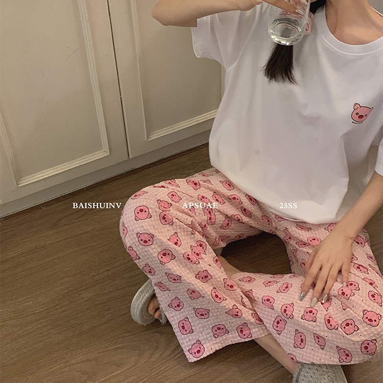 Jiashucheng Quần Ngủ Sọc Ca Rô Họa Tiết Hoạt Hình Đáng Yêu Thời Trang Mùa Hè Dành Cho Nữ