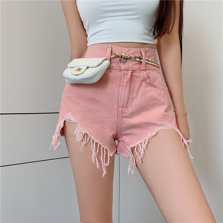 Jiashucheng Quần Short Denim Rách Lưng Cao Màu Hồng Nhạt Cỡ Lớn Phong Cách Hàn Quốc Thời Trang Mùa Hè Cho Nữ