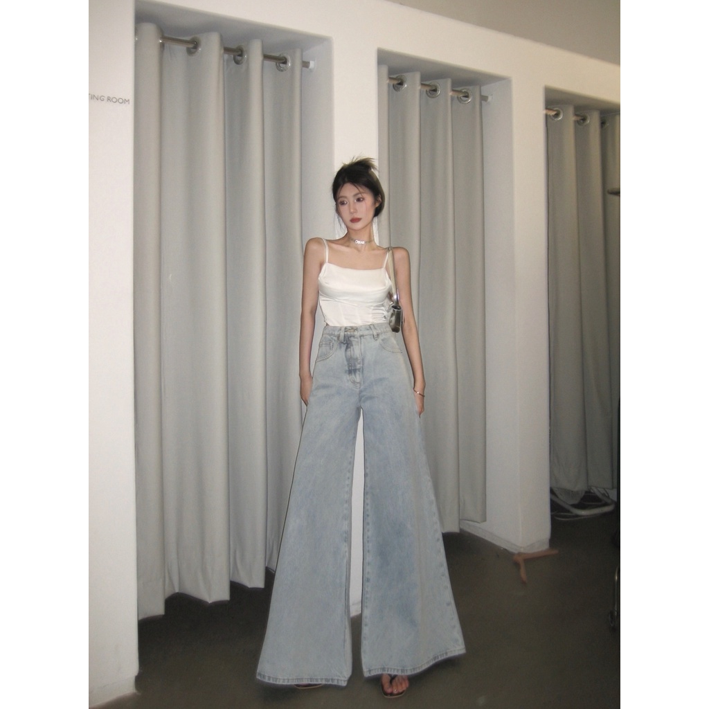 Jiashucheng Quần Jean Ống Rộng Lưng Cao Màu Sáng Phong Cách Retro Mùa Hè Cho Nữ