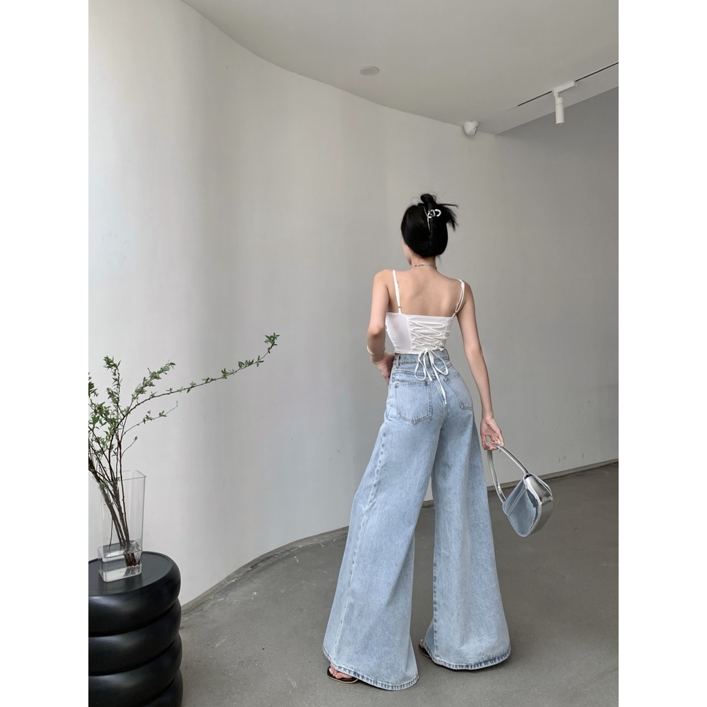 Jiashucheng Quần Jean Ống Rộng Lưng Cao Màu Sáng Phong Cách Retro Mùa Hè Cho Nữ