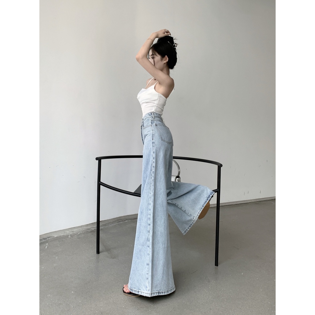 Jiashucheng Quần Jean Ống Rộng Lưng Cao Màu Sáng Phong Cách Retro Mùa Hè Cho Nữ