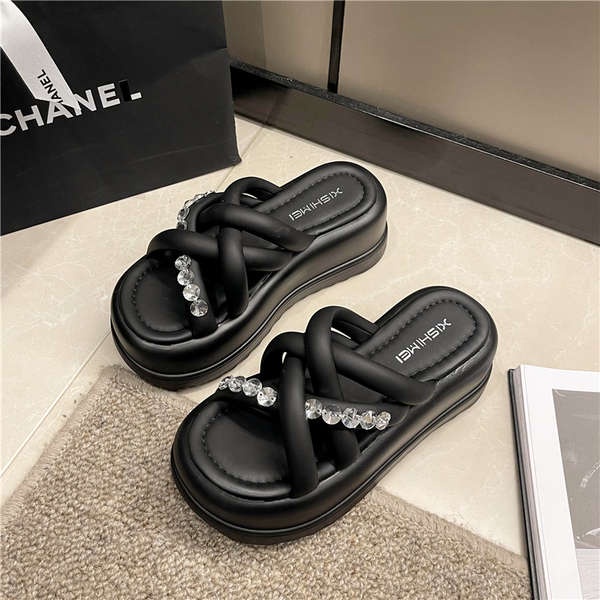 Dép xỏ ngón đế dày Dép lê đế bánh xốp đính đá chéo