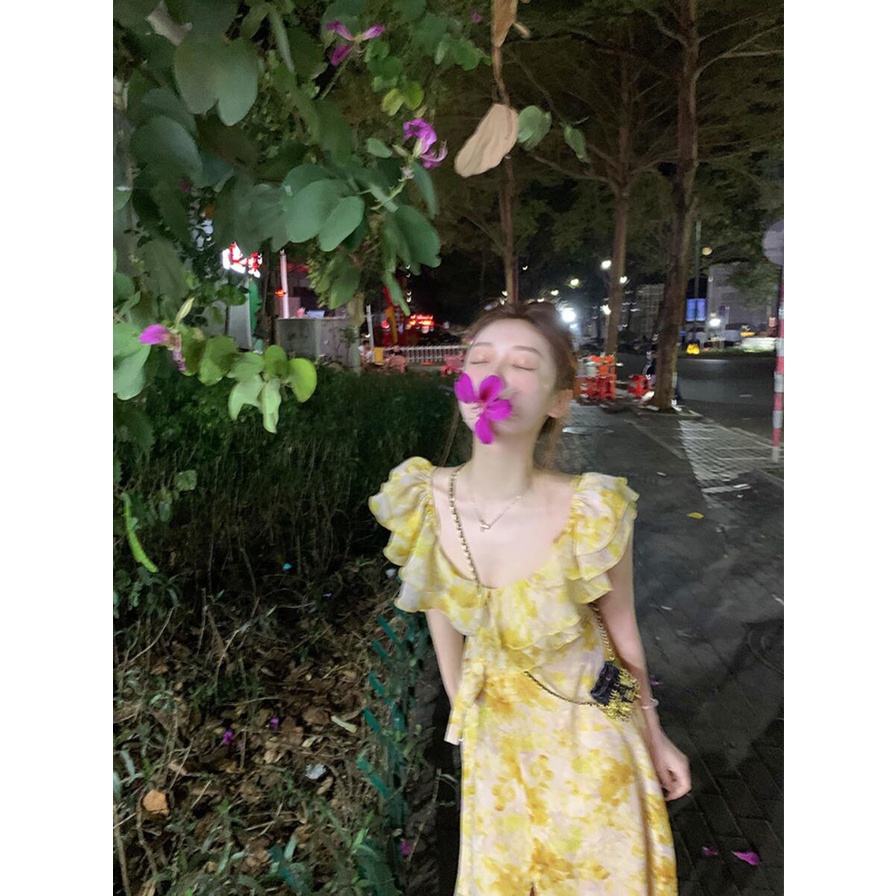 Đầm Hoa Ngắn Tay Nhấn Eo Thời Trang Dành Cho Nữ