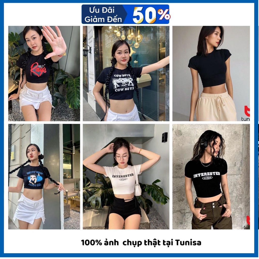 Áo kiểu croptop thun nữ kiểu ôm eo tay ngắn Tunisa, crotop cổ tròn body bó đen trắng chất cotton in hình đẹp
