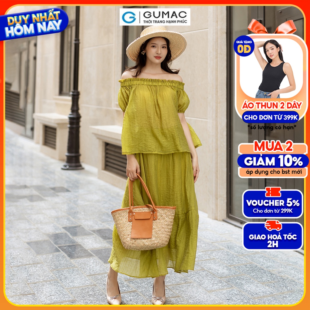 Set lẻ Áo trễ vai tay bí GUMAC AD05003 - Chân váy xòe lưng thun VD05005