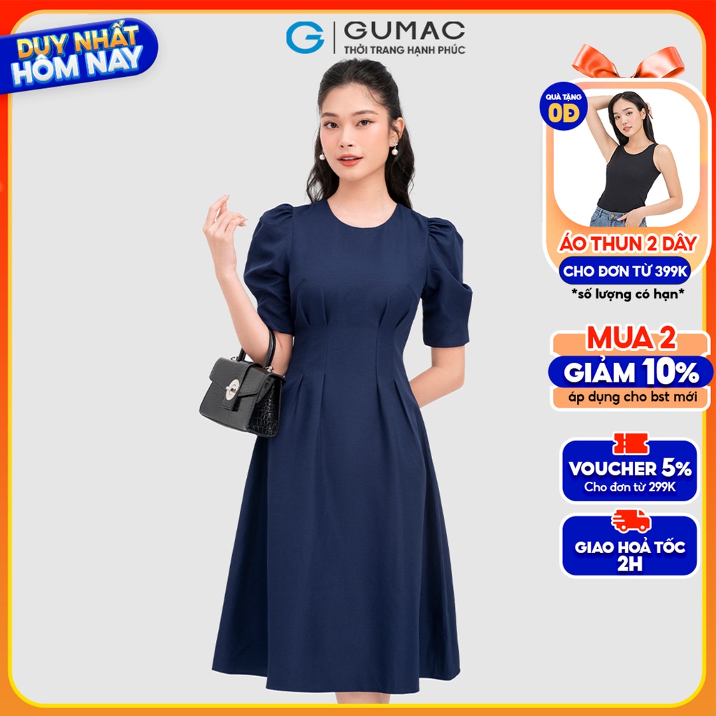 Đầm tay phồng chiết ly GUMAC DD04035
