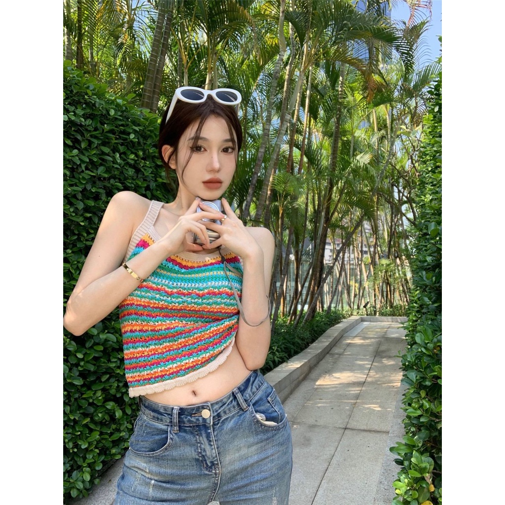 Jiashucheng Áo Dệt Kim Hai Dây Màu Cầu Vồng Phong Cách Mới Mùa Hè Cho Nữ