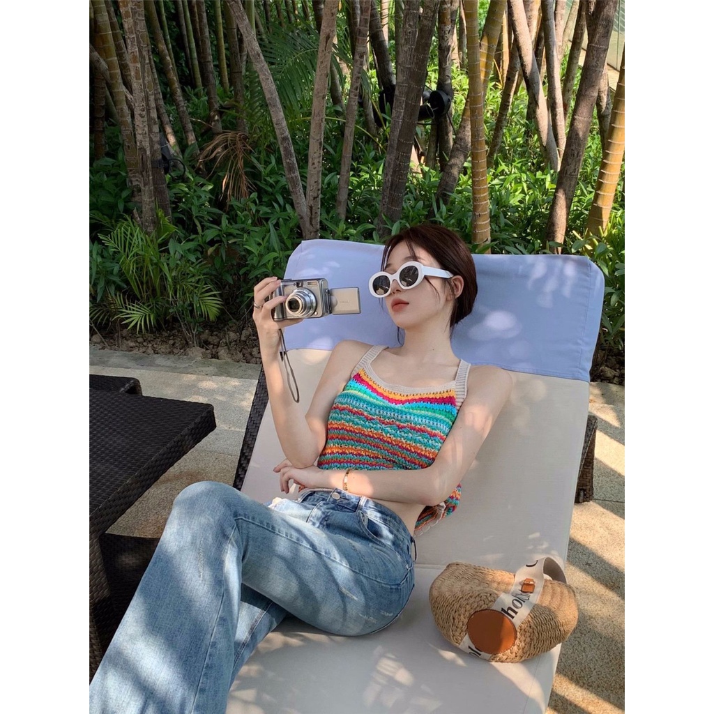 Jiashucheng Áo Dệt Kim Hai Dây Màu Cầu Vồng Phong Cách Mới Mùa Hè Cho Nữ