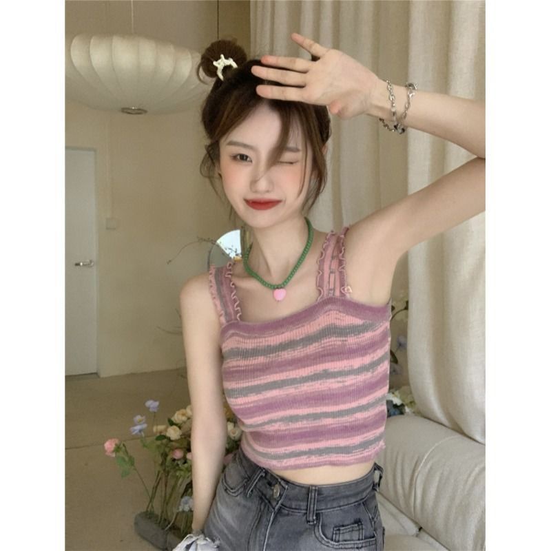 Jiashucheng Áo Dệt Kim Hai Dây Ngắn Kẻ Sọc Thời Trang Mùa Hè Ngọt Ngào Dành Cho Nữ