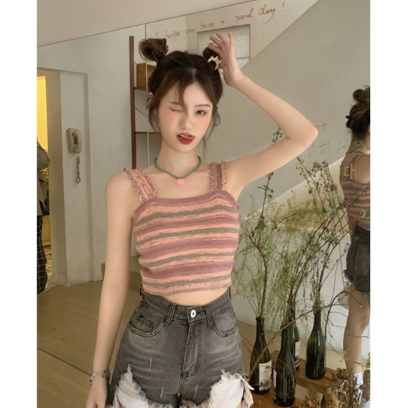 Jiashucheng Áo Dệt Kim Hai Dây Ngắn Kẻ Sọc Thời Trang Mùa Hè Ngọt Ngào Dành Cho Nữ