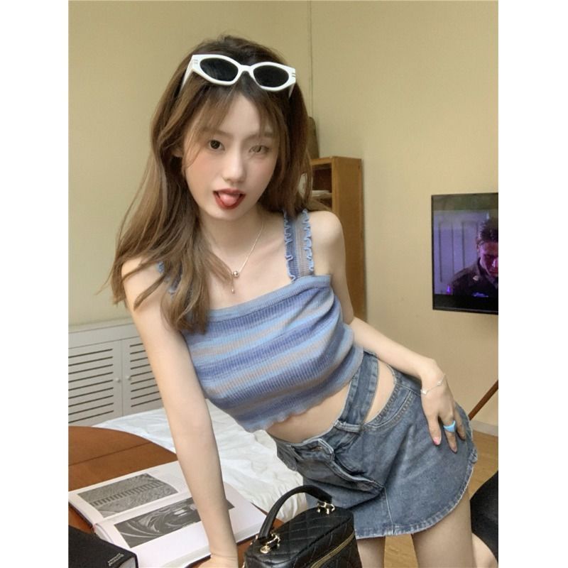Jiashucheng Áo Dệt Kim Hai Dây Ngắn Kẻ Sọc Thời Trang Mùa Hè Ngọt Ngào Dành Cho Nữ