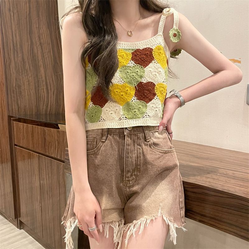 Jiashucheng Áo Lụa Lạnh Ngắn Phối Tua Rua Màu Cầu Vồng Thời Trang Mùa Hè Phong Cách Mới Cho Nữ