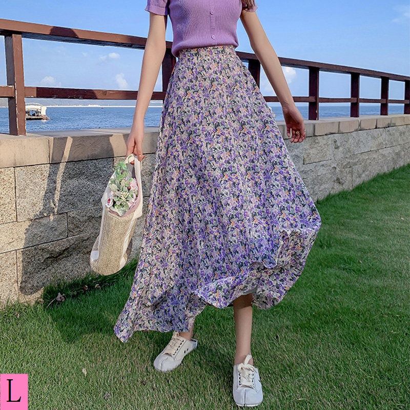 Chân Váy Voan Dài Lưng Cao In Họa Tiết Hoa Tím Phong Cách Preppy Mẫu Mới 2023 Thời Trang Mùa Hè Cho Nữ