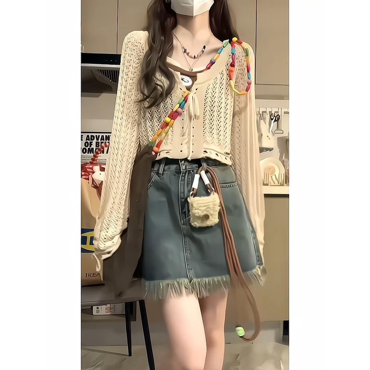 Áo Khoác Cardigan Dệt Kim Màu Trơn + Áo Hai Dây Giả Hai Dây Thời Trang Ngọt Ngào Cho Nữ 5.19