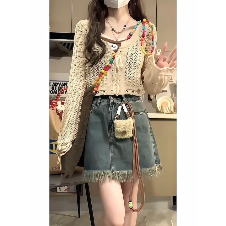 Áo Khoác Cardigan Dệt Kim Màu Trơn + Áo Hai Dây Giả Hai Dây Thời Trang Ngọt Ngào Cho Nữ 5.19