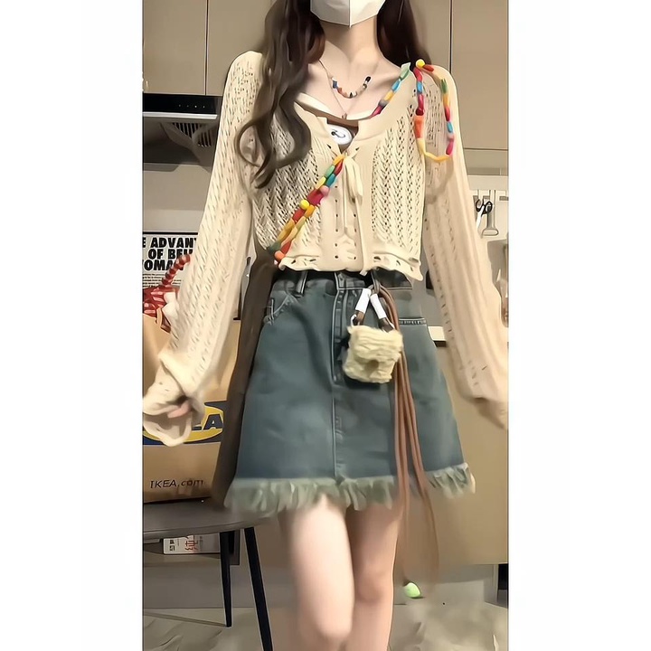 Áo Khoác Cardigan Dệt Kim Màu Trơn + Áo Hai Dây Giả Hai Dây Thời Trang Ngọt Ngào Cho Nữ 5.19