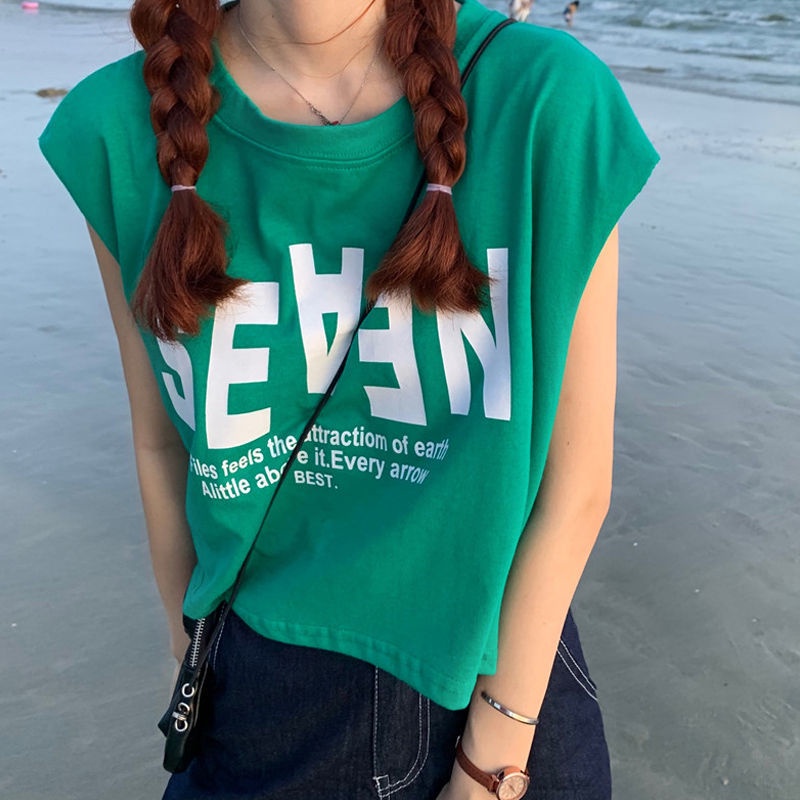 Áo Thun Sát Nách Dáng Rộng In Chữ Thiết Kế Dễ Thương Cho Nữ