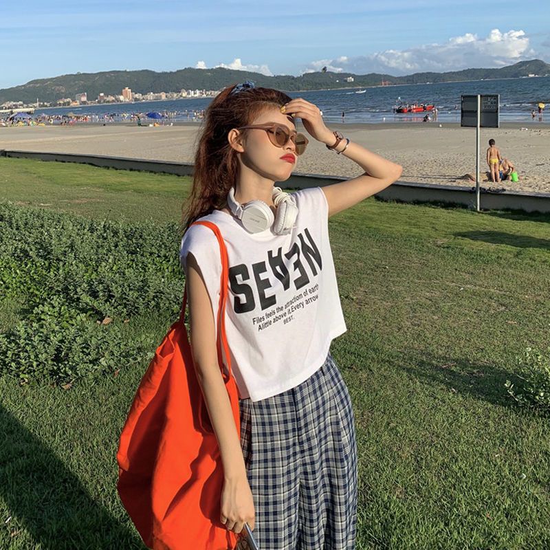 Áo Thun Sát Nách Dáng Rộng In Chữ Thiết Kế Dễ Thương Cho Nữ