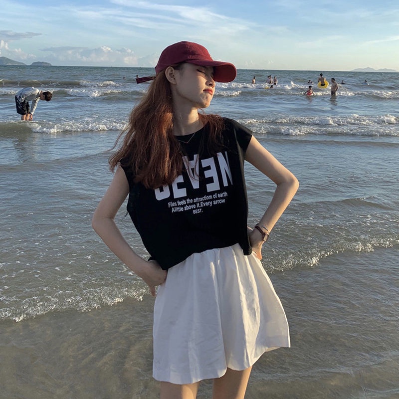 Áo Thun Sát Nách Dáng Rộng In Chữ Thiết Kế Dễ Thương Cho Nữ