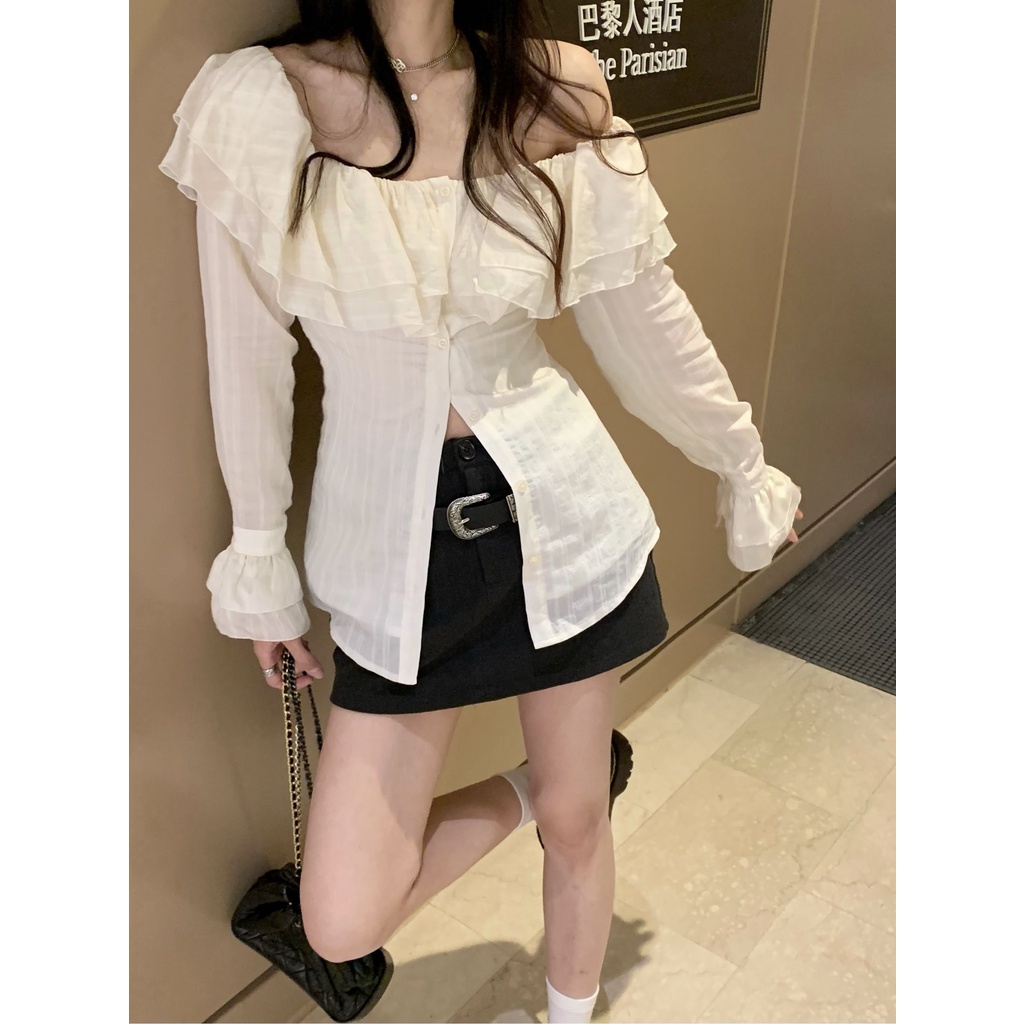Áo Sơ Mi Trễ Vai Phối Bèo Phong Cách Hàn Quốc Thời Trang Mùa Xuân Mới Cho Nữ