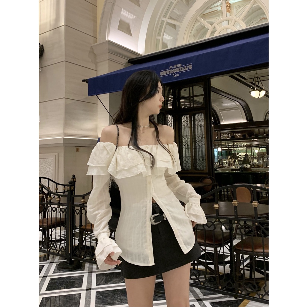 Áo Sơ Mi Trễ Vai Phối Bèo Phong Cách Hàn Quốc Thời Trang Mùa Xuân Mới Cho Nữ