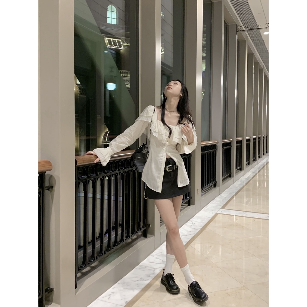 Áo Sơ Mi Trễ Vai Phối Bèo Phong Cách Hàn Quốc Thời Trang Mùa Xuân Mới Cho Nữ