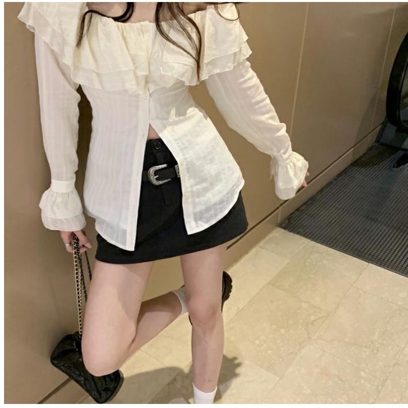 Áo Sơ Mi Trễ Vai Phối Bèo Phong Cách Hàn Quốc Thời Trang Mùa Xuân Mới Cho Nữ