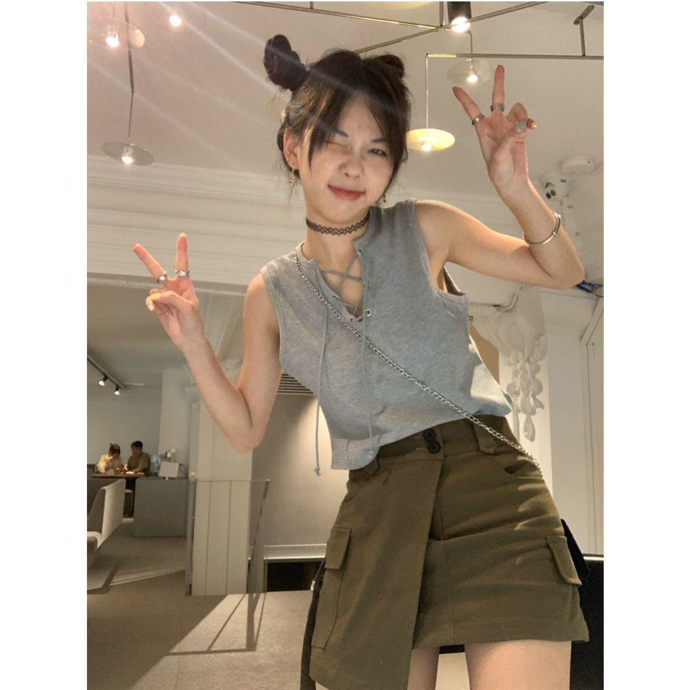 Jiashucheng Áo Thun Sát Nách Dáng Ôm Cột Dây Màu Trơn Phong Cách Mùa Hè Mới Ngọt Ngào Dễ Phối Đồ Cho Nữ