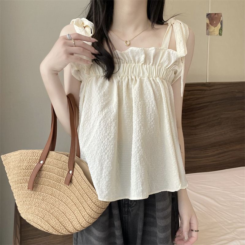 Áo Hai Dây Mùa Hè Dáng Suông Ngắn Phong Cách Pháp Cổ Điển Cho Nữ
