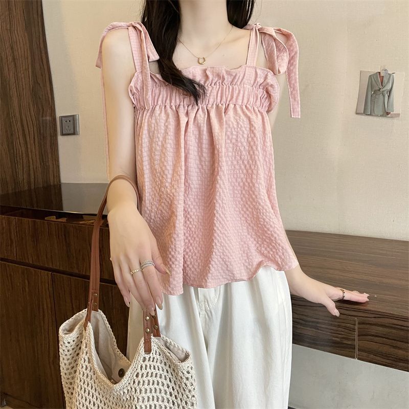 Áo Hai Dây Mùa Hè Dáng Suông Ngắn Phong Cách Pháp Cổ Điển Cho Nữ