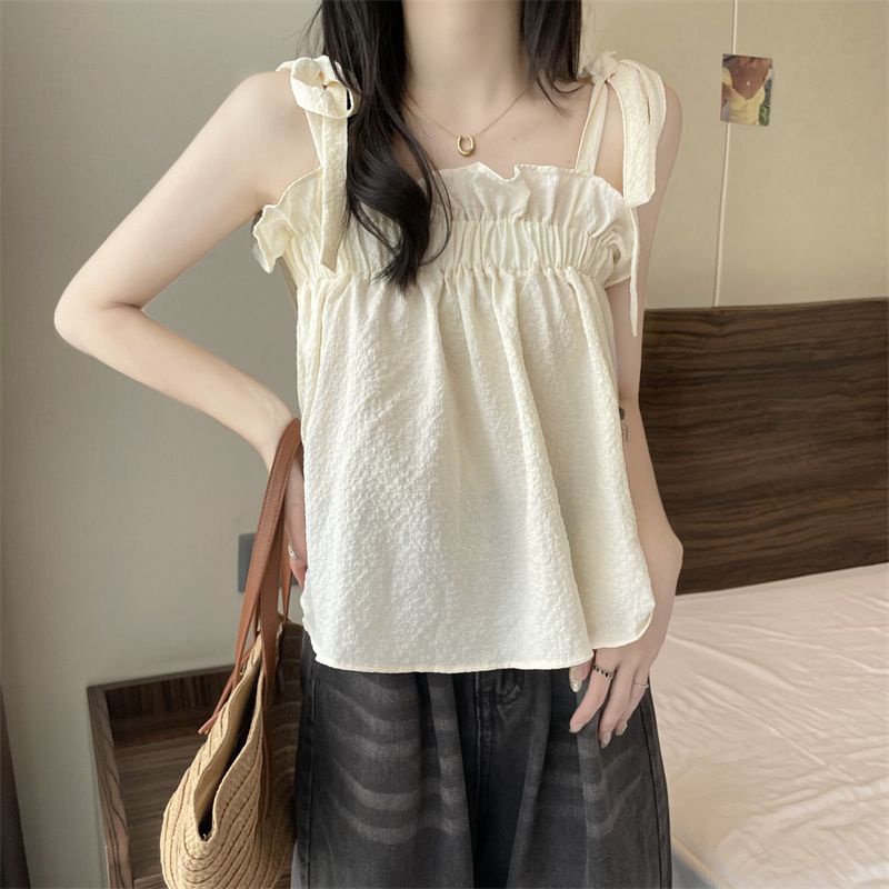 Áo Hai Dây Mùa Hè Dáng Suông Ngắn Phong Cách Pháp Cổ Điển Cho Nữ